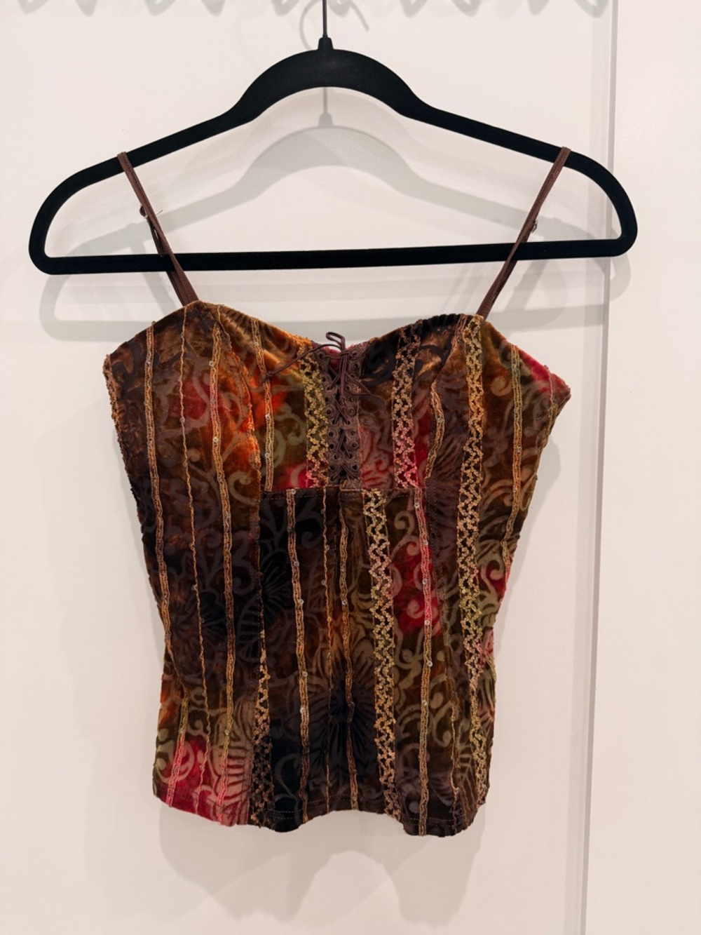 Y2K- Velvet Spaghetti Strap Top with built in bra- lace and sequins